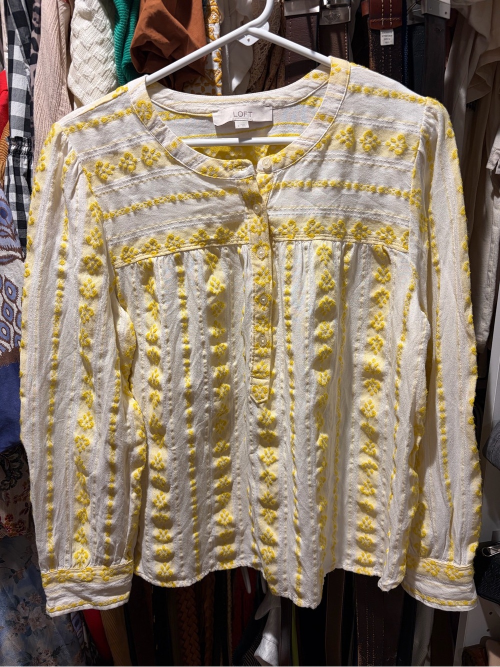 LOFT White Yellow Embroidered Textured Peasant Blouse